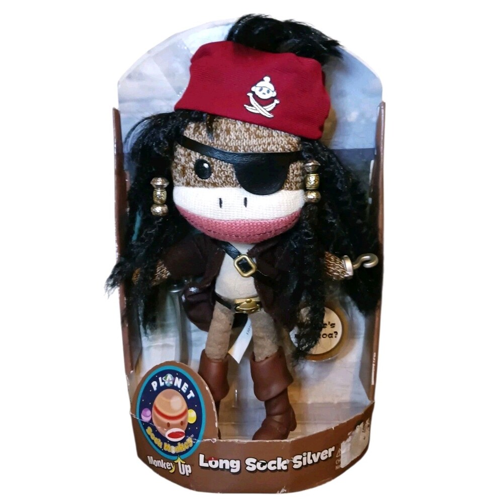 Vtg 2013 Long Sock Silver Planet Sock Monkey Pirate Toy w/ Sword & Hook Boxed